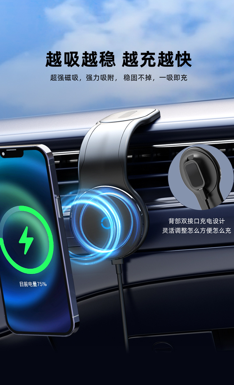 Vehicle-mounted magnetic wireless charging phone stand, 360° rotating navigation stand, shockproof and stable support frame for vehicles pic 2
