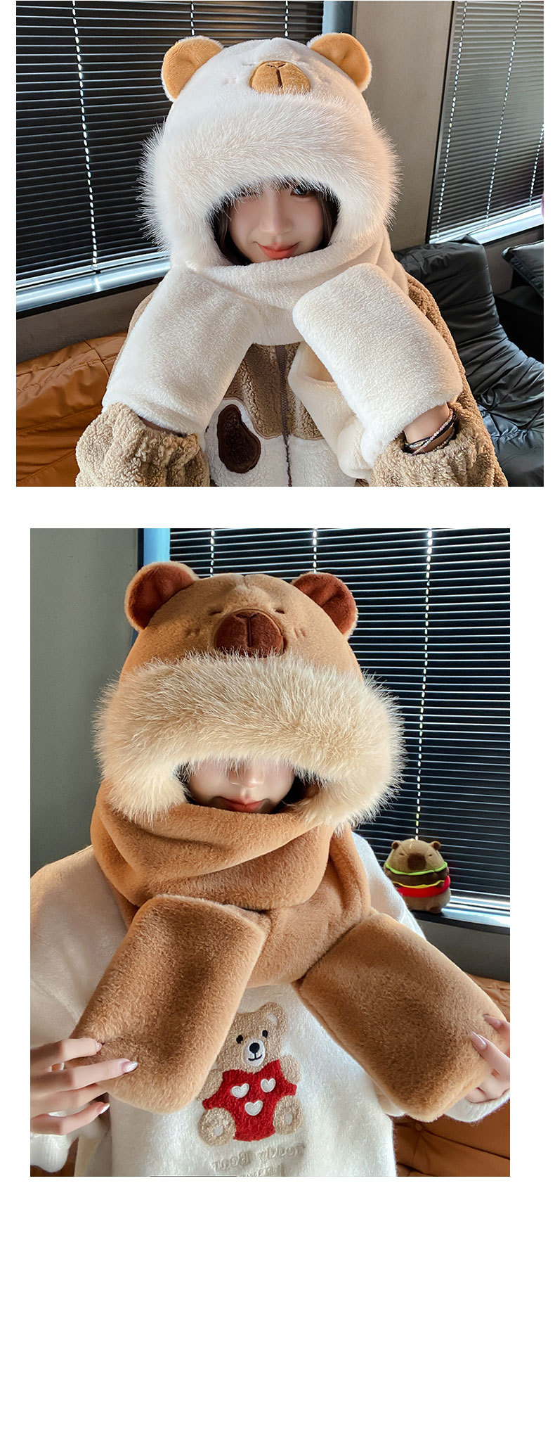 Capibara hat, scarf and Gloves three-piece set, winter windproof and warm plush three-piece adult hat pic 11