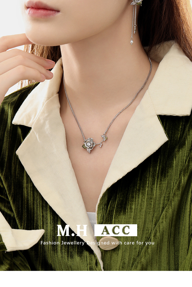 925 Silver Needle Green Leaf Rose Earrings with a Light luxury and high-end Feel for Autumn and Winter 2024 New Style, heart-shaped Zircon earrings pic 9