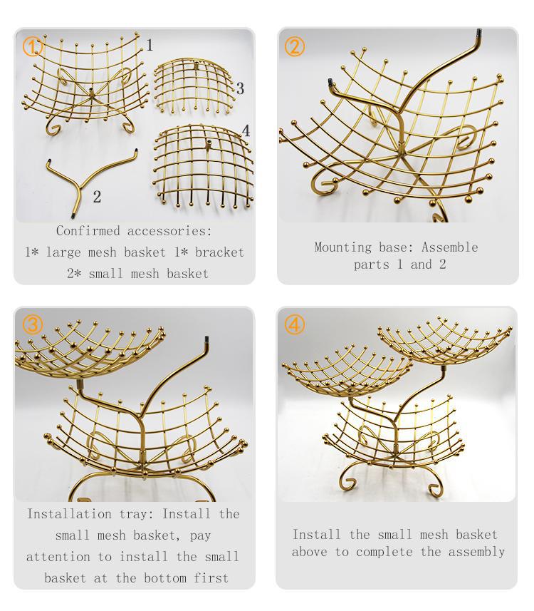 三层铁艺钢珠网格水果篮欧式客厅干果盘子家用金色创意多层果篮详情9