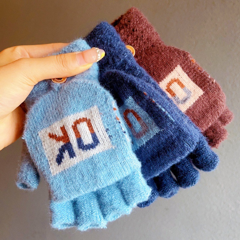 韩版手套冬季新款保暖防寒防冻男士简约户外骑行半指翻盖写字手套详情3