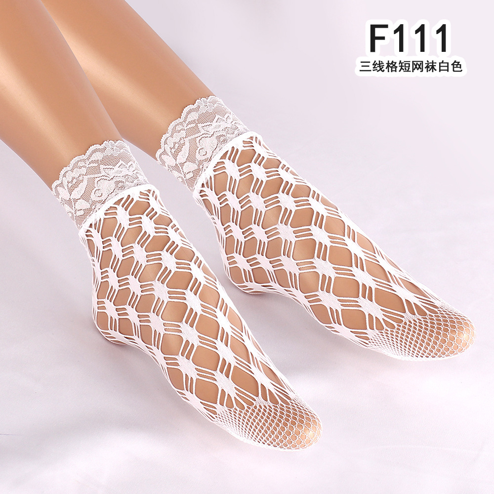 三线格短网袜 白色