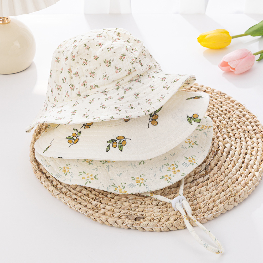 新款婴幼儿纯棉渔夫帽 纯色双层透气纱布遮阳帽可调节绳结渔天帽详情3