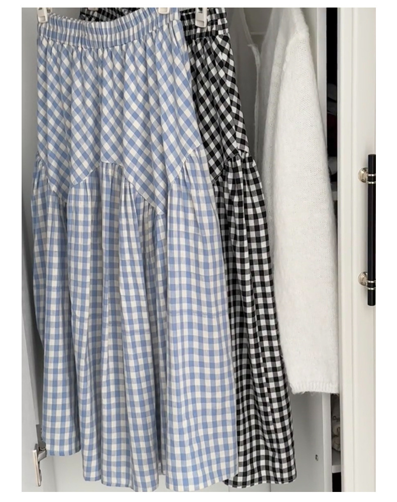 Retro blue checkered skirt for women in summer 2025. Petite, high-waisted, irregular mid-length, patchwork A-line skirt pic 8