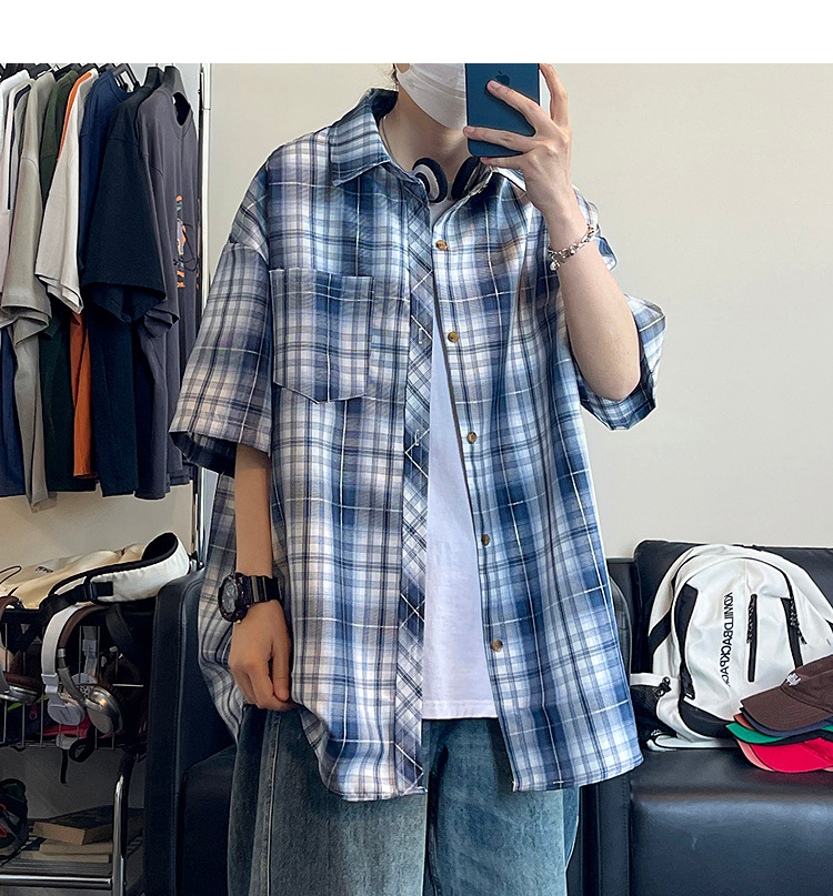 简恒日系复古印花短袖格子衬衫男女休闲夏季宽松BF风撞色情侣衬衣详情20