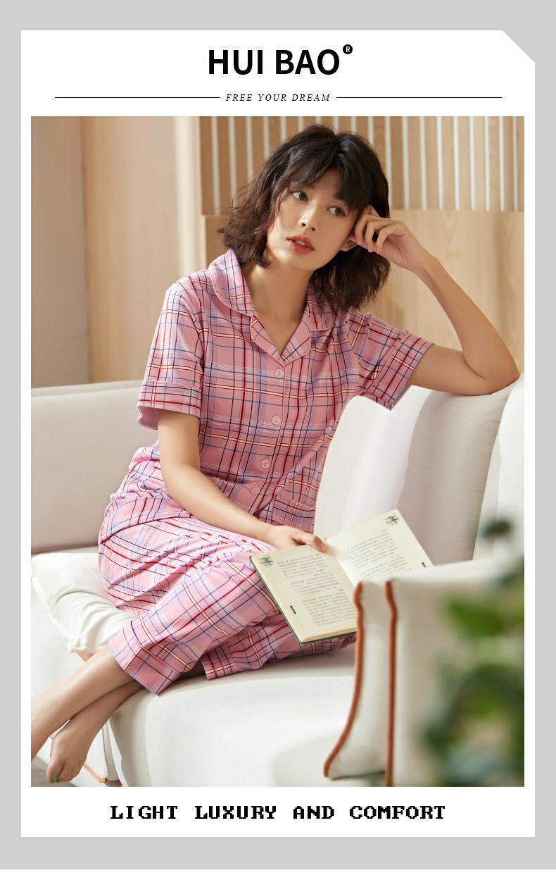 100%纯棉睡衣女夏季薄款短袖长裤大码家居服套装夏可外穿详情14