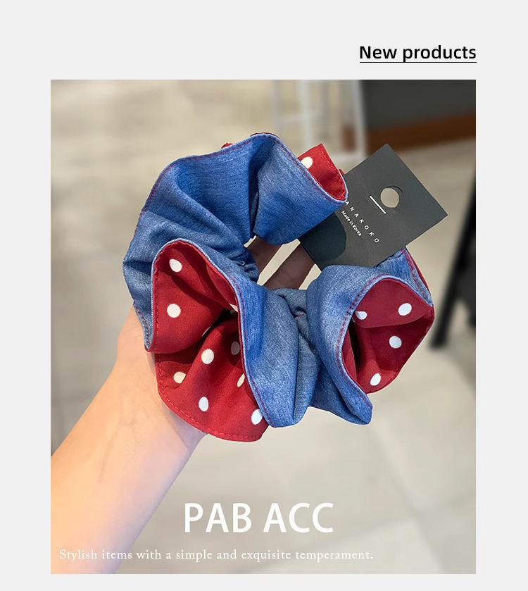 High-end AB side denim blue polka dot pleated fat intestine band double-layer hair binding three-dimensional durable leather band hair band purchased through a Korean agent pic 1