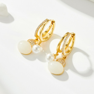 Chinese-style light luxury natural mother-of-pearl gourd ear studs, copper alloy micro-inlaid zircon s925 silver needle high-end earrings and pendants pic 5