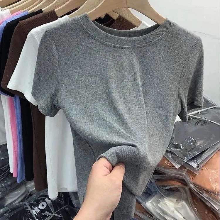 纯色面膜T恤女短袖2024年夏季新款法式修身显瘦设计感打底衫上衣详情3