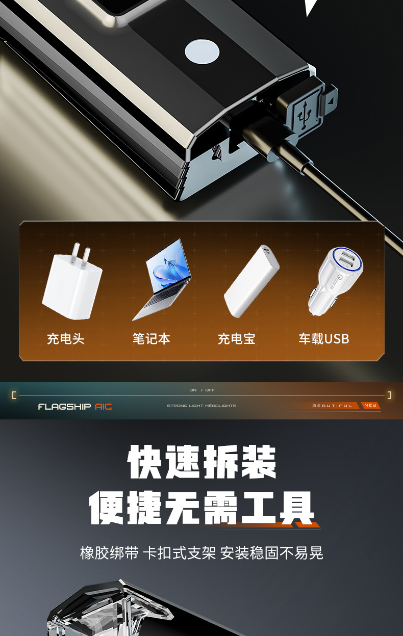 自行车车灯夜骑强光手电筒前灯防雨水充电山地公路儿童单车长续航详情16
