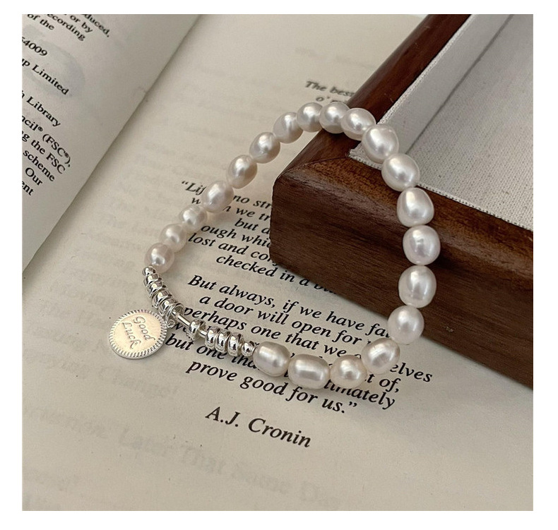 S925 sterling silver freshwater pearl vintage handcrafted Good Luck brand necklace and bracelet set, fashionable and simple collarbone chain pic 13