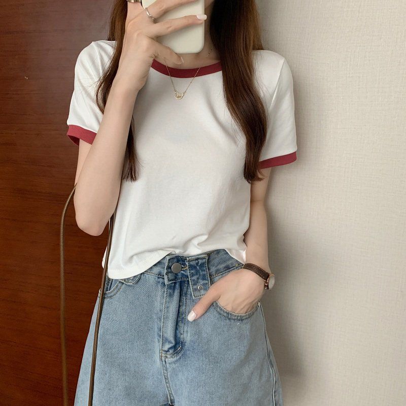 撞色圆领短袖t恤女2024年新款夏季打底衫韩版修身短款学生上衣潮详情20