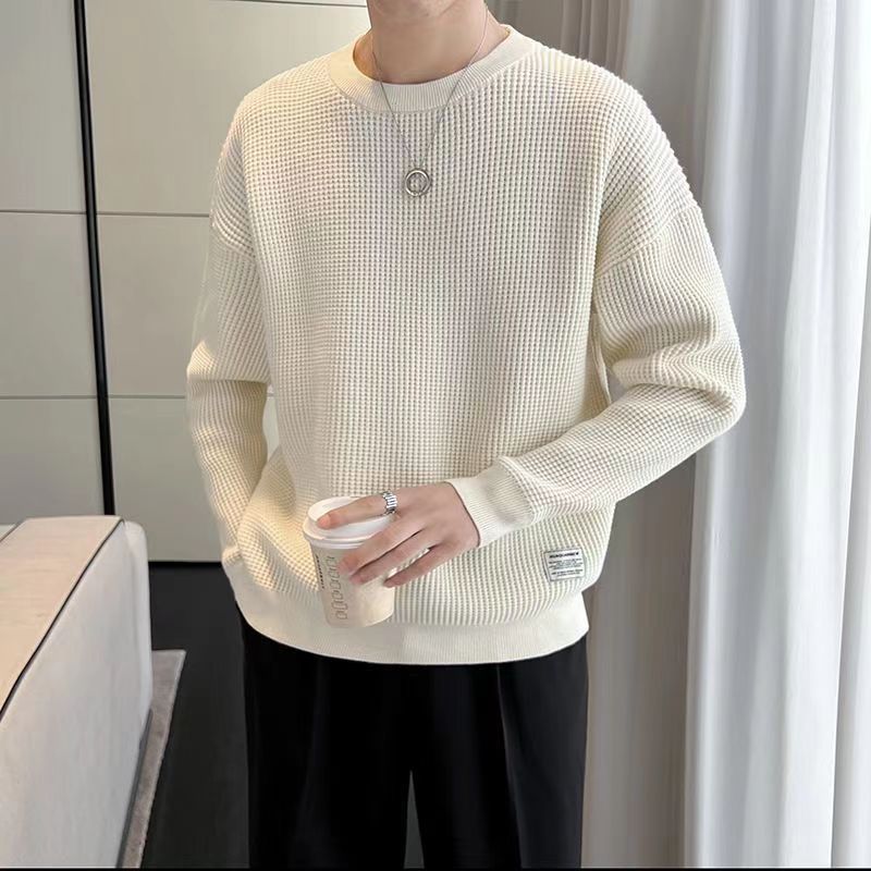 A beige laid-back style top for men, a high-end design for spring and autumn, a long-sleeved shirt from a trendy brand, paired with a round-neck base layer pic 1