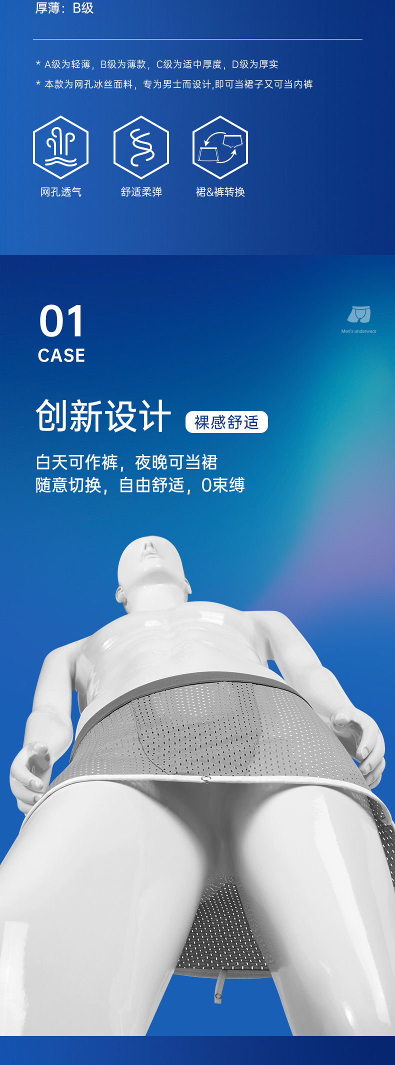 夏季新款冰丝男士阿罗裤裸睡无束缚裙裤超薄网孔透气青年平角内裤详情2
