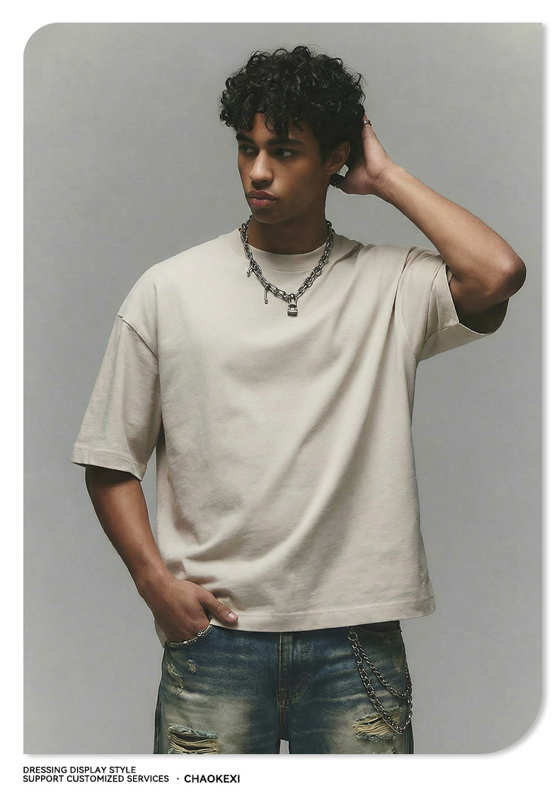 New pure cotton American-style solid-color youth T-shirt for men, 280g washed and aged trendy short-sleeved top custom-made pic 26