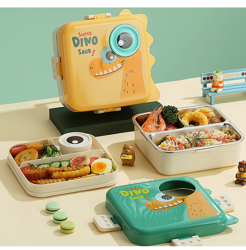 Creative children and students cartoon portable lunch box, cute dinosaur square stainless steel double-layer compartments sealed lunch box pic 11