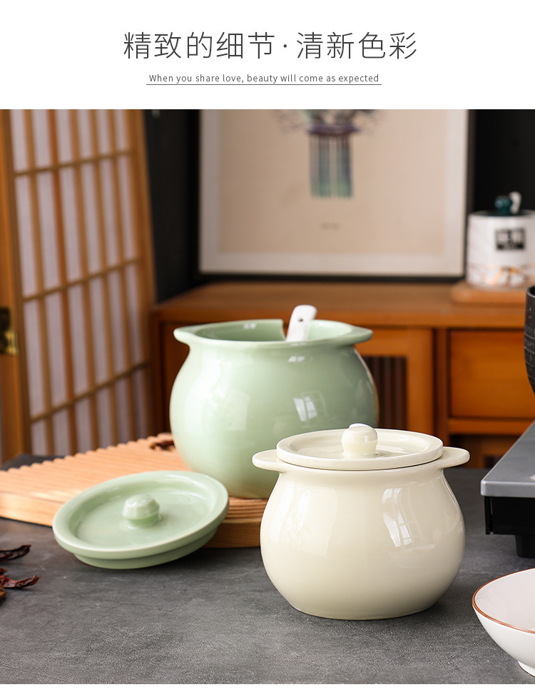 北欧陶瓷猪油罐奶油风家用厨房耐高温带盖勺调料罐辣椒荤油罐子详情12