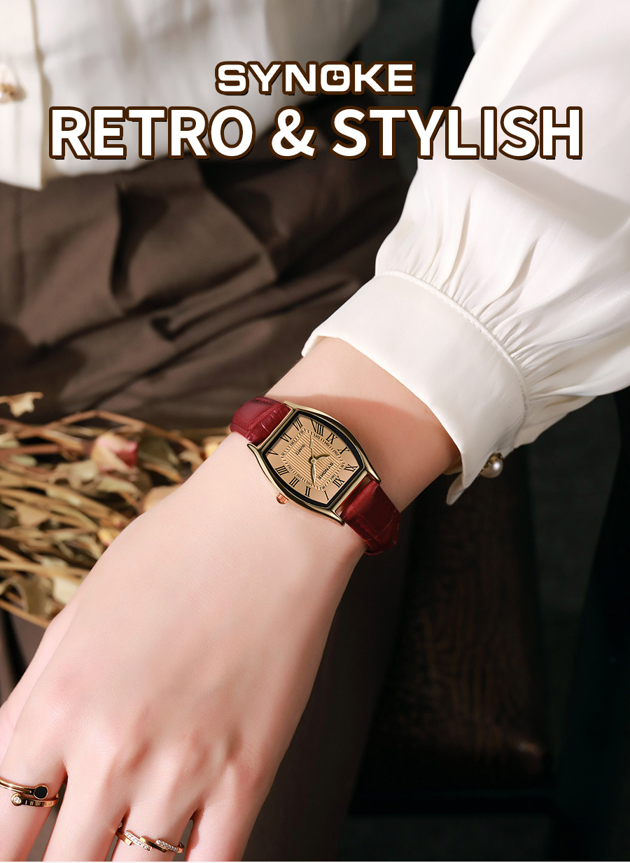 SYNOKE vintage barrel-shaped quartz watch for ladies, fashionable Roman numeral dial, light luxury wristwatch for students pic 17