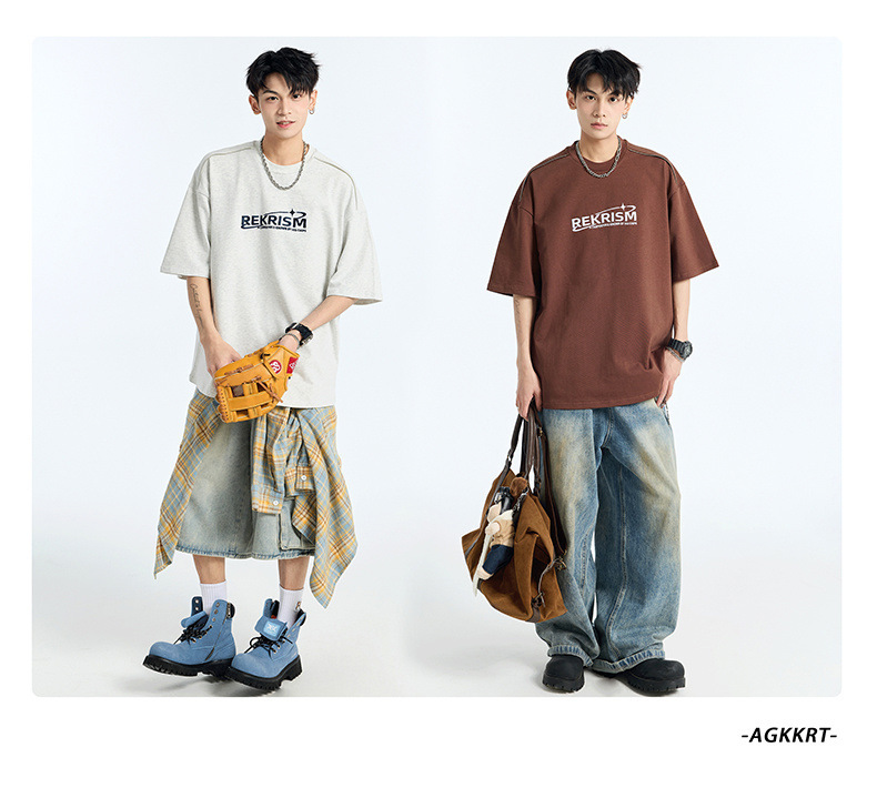 Heavy cotton short-sleeved T-shirt for men, Spring/Summer 2025, American letter print zipper design, loose and versatile base layer pic 6