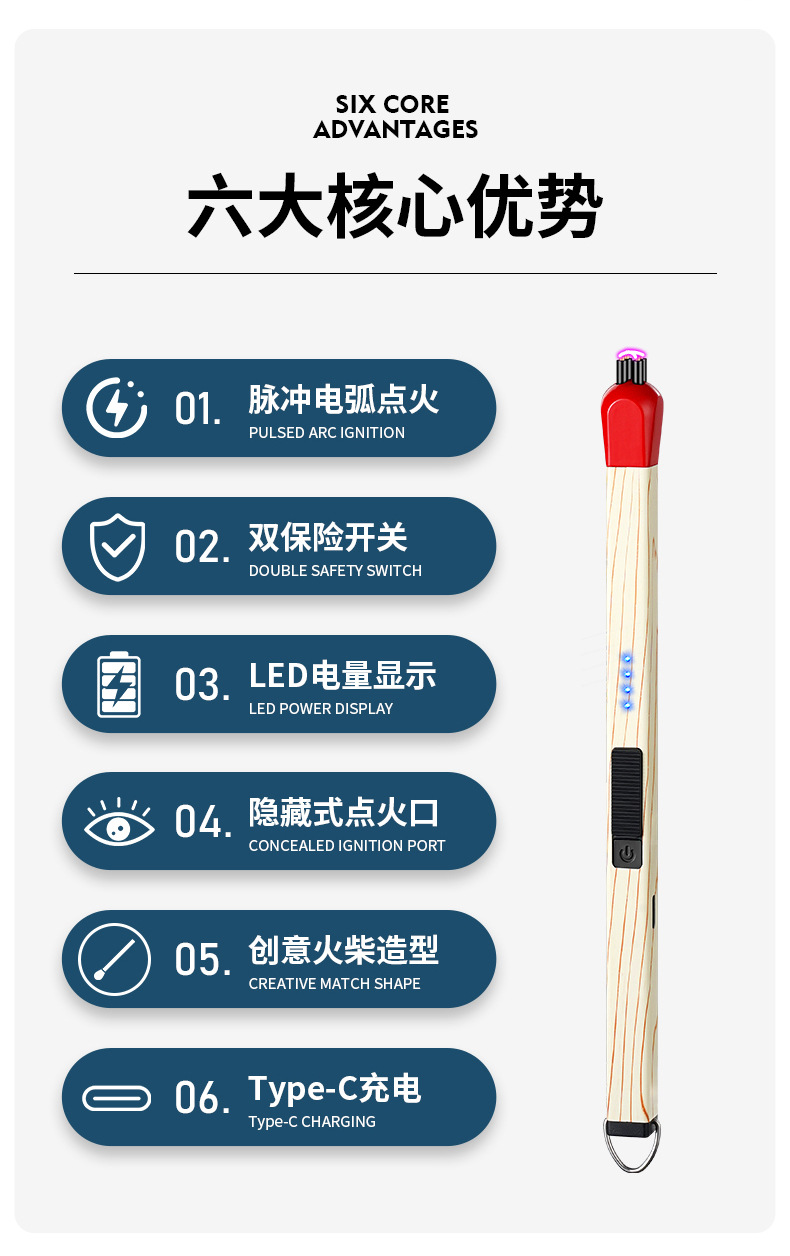 JL821创意火柴头香薰蜡烛加长煤气灶电子充电点火器点打火机详情3