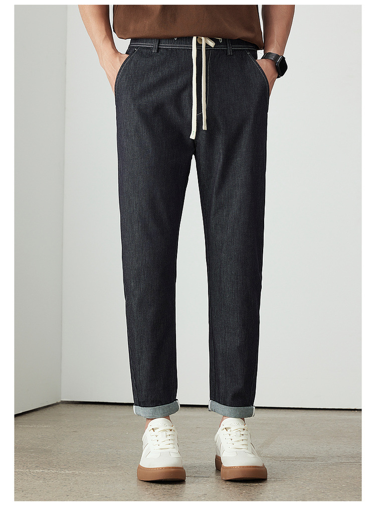 WOOG2005辑明线黑色水洗牛仔裤男2025夏季新款百搭抽绳直筒长裤子详情9