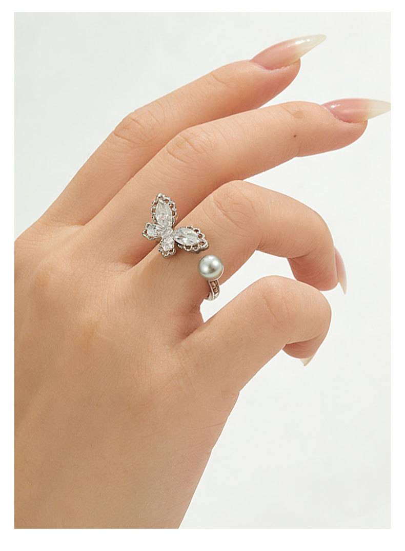 A light luxury and high-end lace-trimmed butterfly pearl open ring, copper alloy inlaid with zircon, adjustable index finger ring pic 13