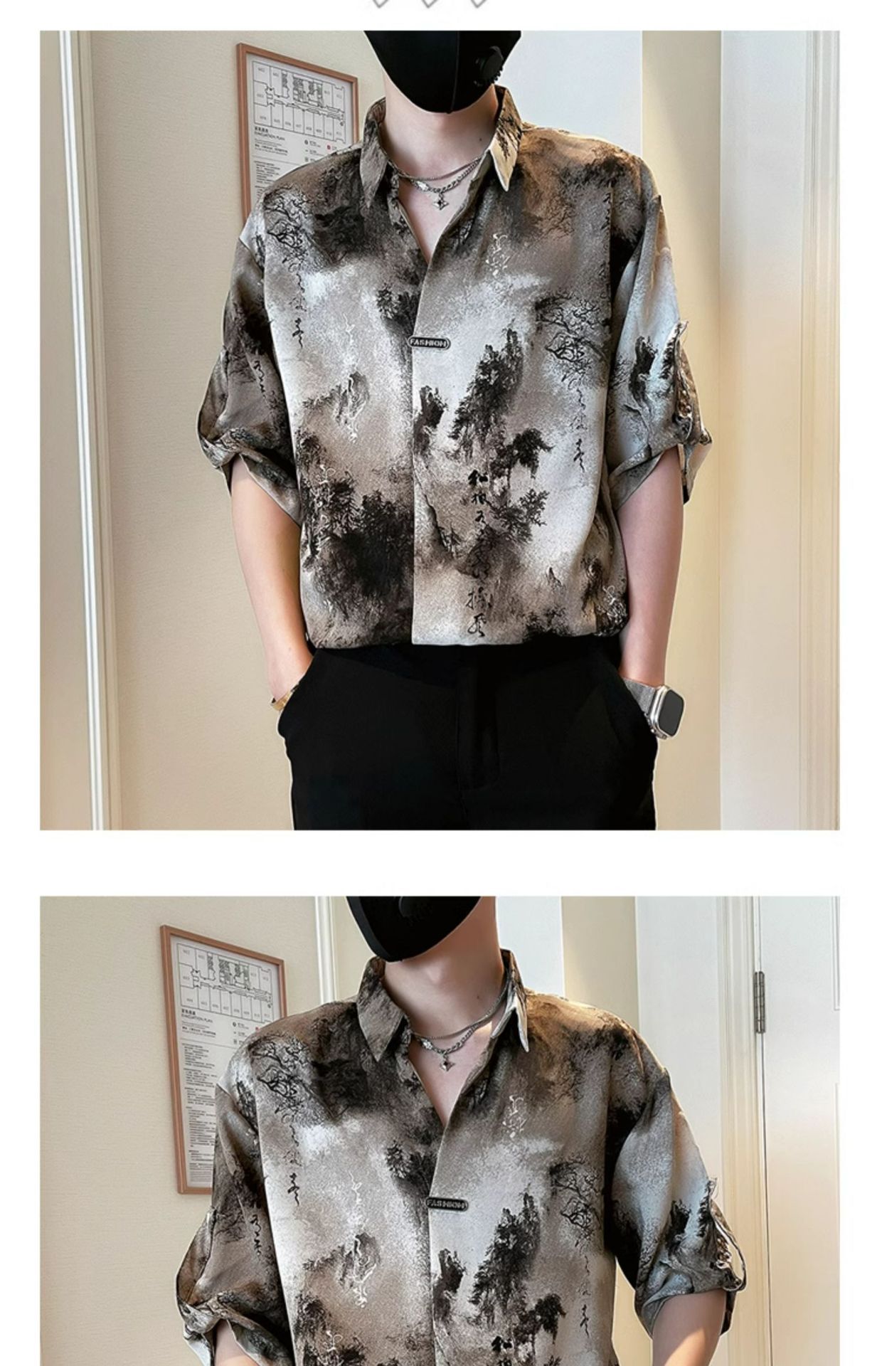 新中式国风衬衫男短袖休闲痞帅水墨扎染衬衣2025新款男士夏装上衣详情23