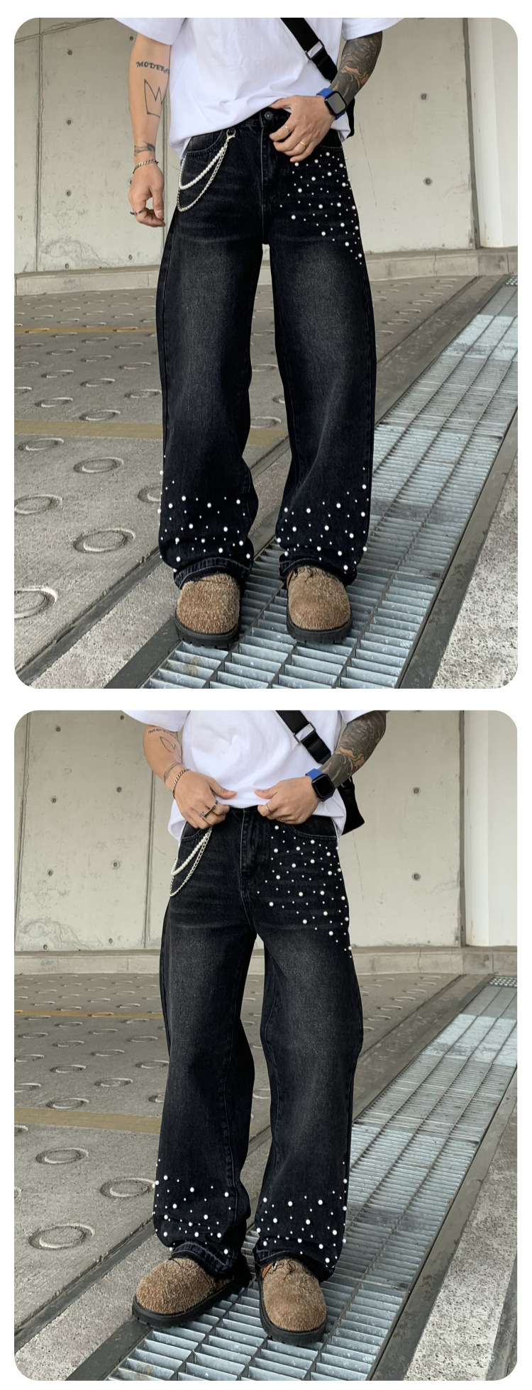 Cross-border Parisian style beaded jeans for men, 2025 new trendy streetwear brand loose straight-leg wide-leg pants for men pic 13