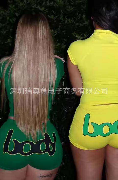 Cross-border European and American sexy color-blocking short-sleeved jumpsuit, tight shorts, hot girl sporty slimming and shaping short-sleeved set pic 2