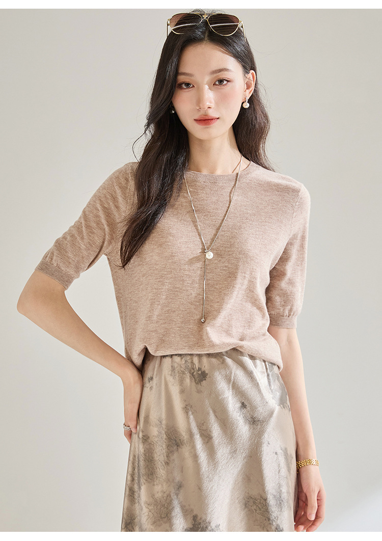 Summer 100% wool short-sleeved round-neck base knitted sweater for women, loose and elegant, versatile T-shirt and sweater 25252 pic 18