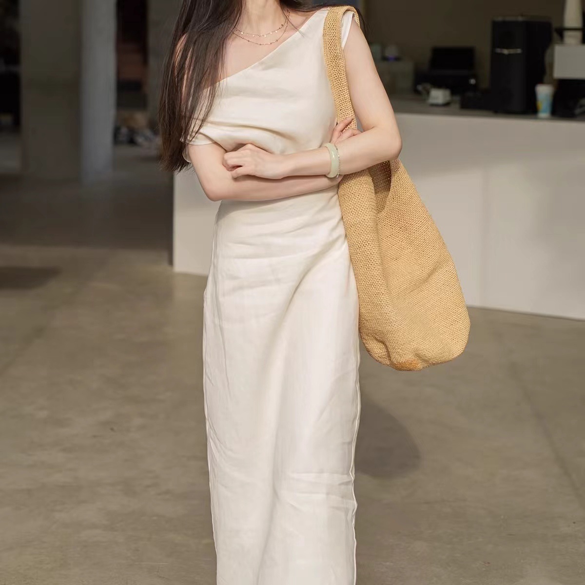 High-count pure linen French vacation-style design off-the-shoulder dress, new Chinese-style dress in stock pic 6