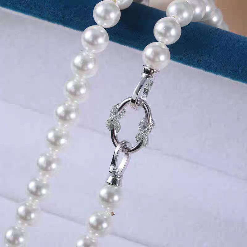 Micro-inlaid T-shaped zircon 18K gold-plated color retention double-ring pearl buckle bracelet, sweater necklace, camellia diy accessory matching pic 2