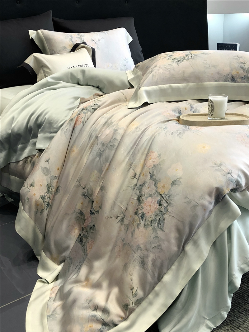 Cool ultra-fine denier Tencel summer light and cool condensation filament four-piece set, elegant printed sweat-absorbing nude bedding pic 17
