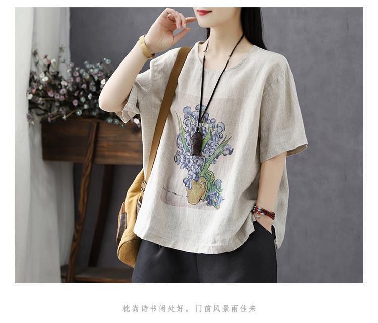棉麻体恤女短袖2023夏装新款女式上衣宽松复古印花大码女装T恤潮详情4