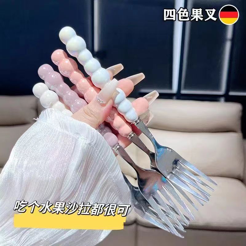 高颜值珍珠不锈钢西餐叉大号水果叉仿陶瓷手柄甜品主餐叉牛排叉子详情2