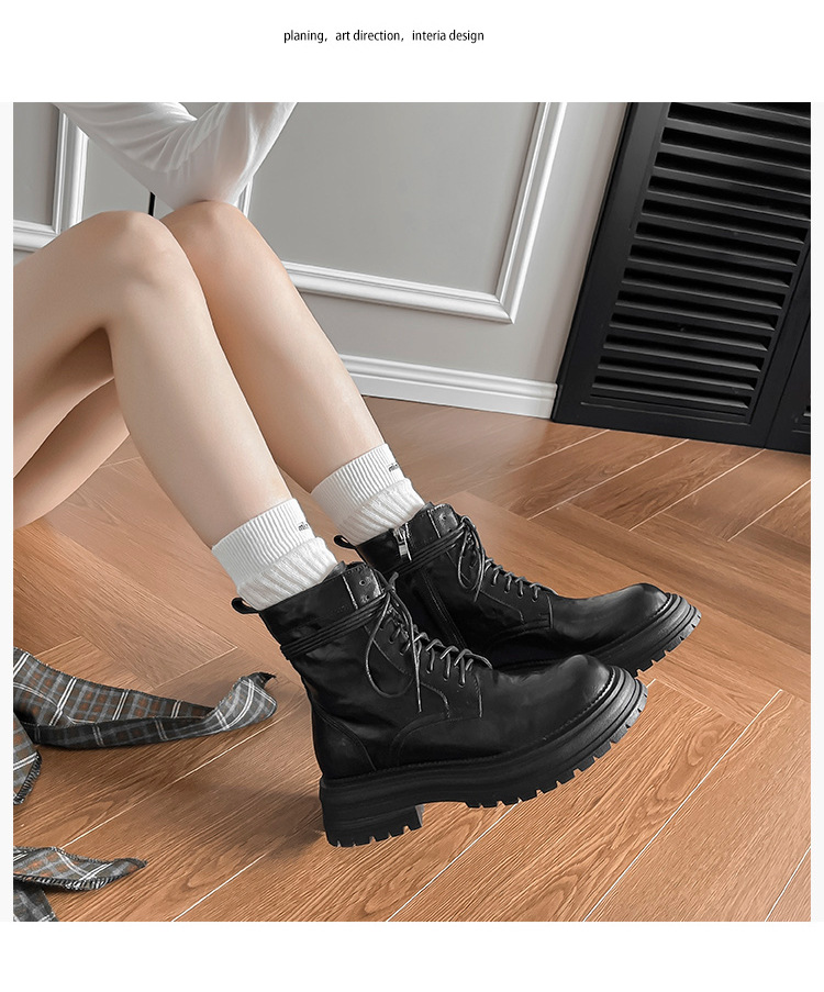 英伦复古系带厚底马丁靴秋冬季单靴精致手抓纹粗跟短靴女机车靴子详情19