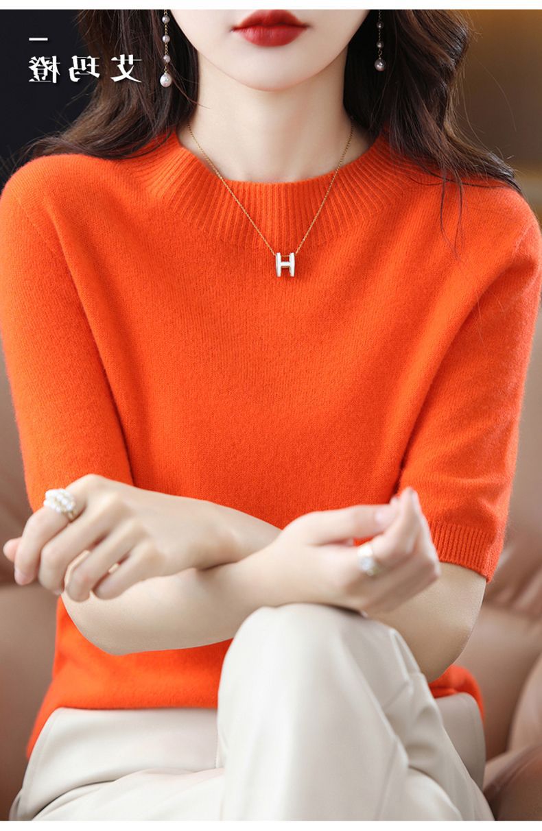 A semi-high-neck casual knitted sweater for women in spring 2023, in a solid color, paired with a half-sleeved base layer sweater T-shirt pic 22