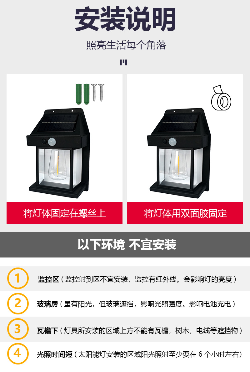 太阳能室外壁灯人体感应三模式钨丝壁灯花园别墅庭院小夜灯防雨详情13