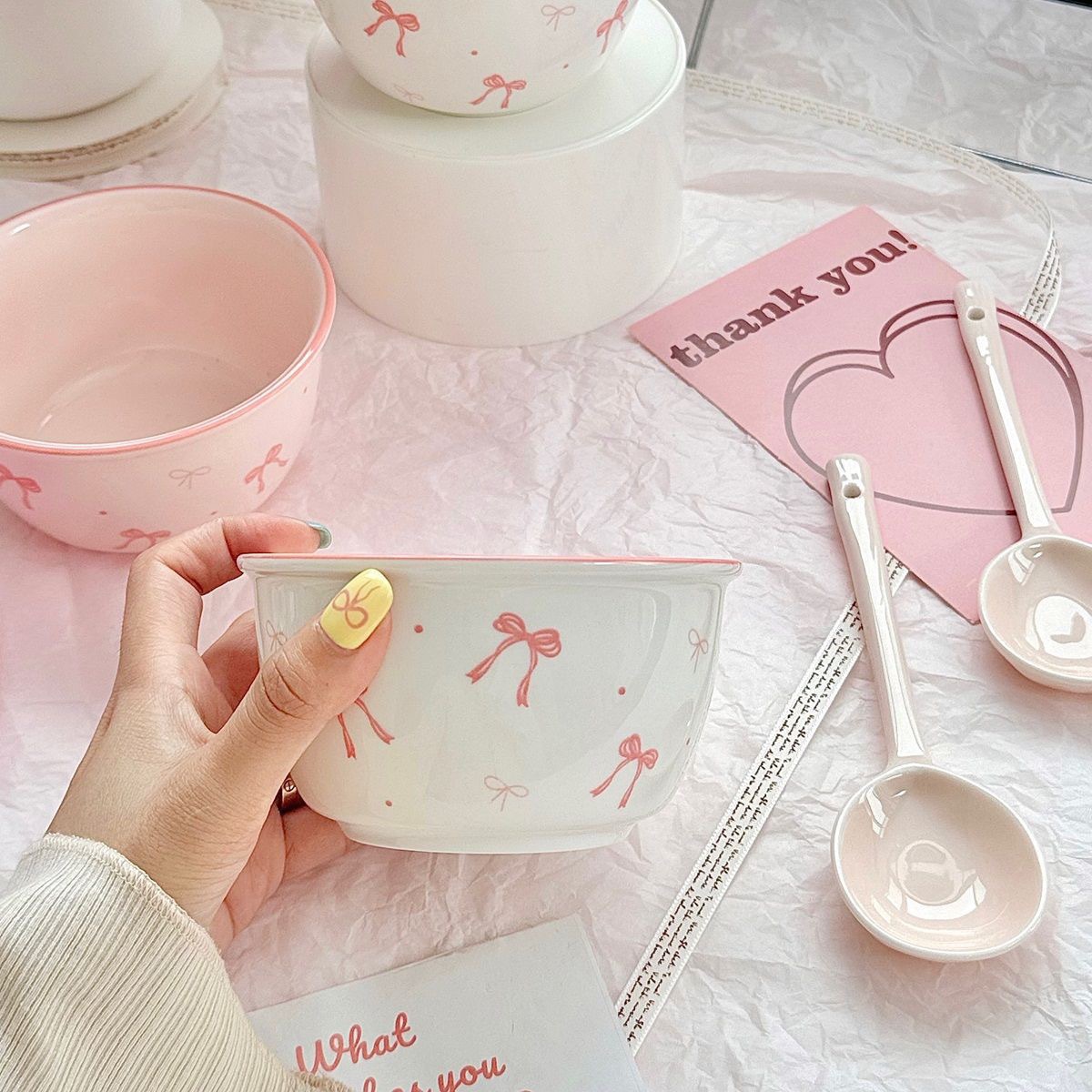 Cute household underglaze ceramic tableware with high appearance level, couple bowl set, dormitory rice bowl and spoon set pic 5