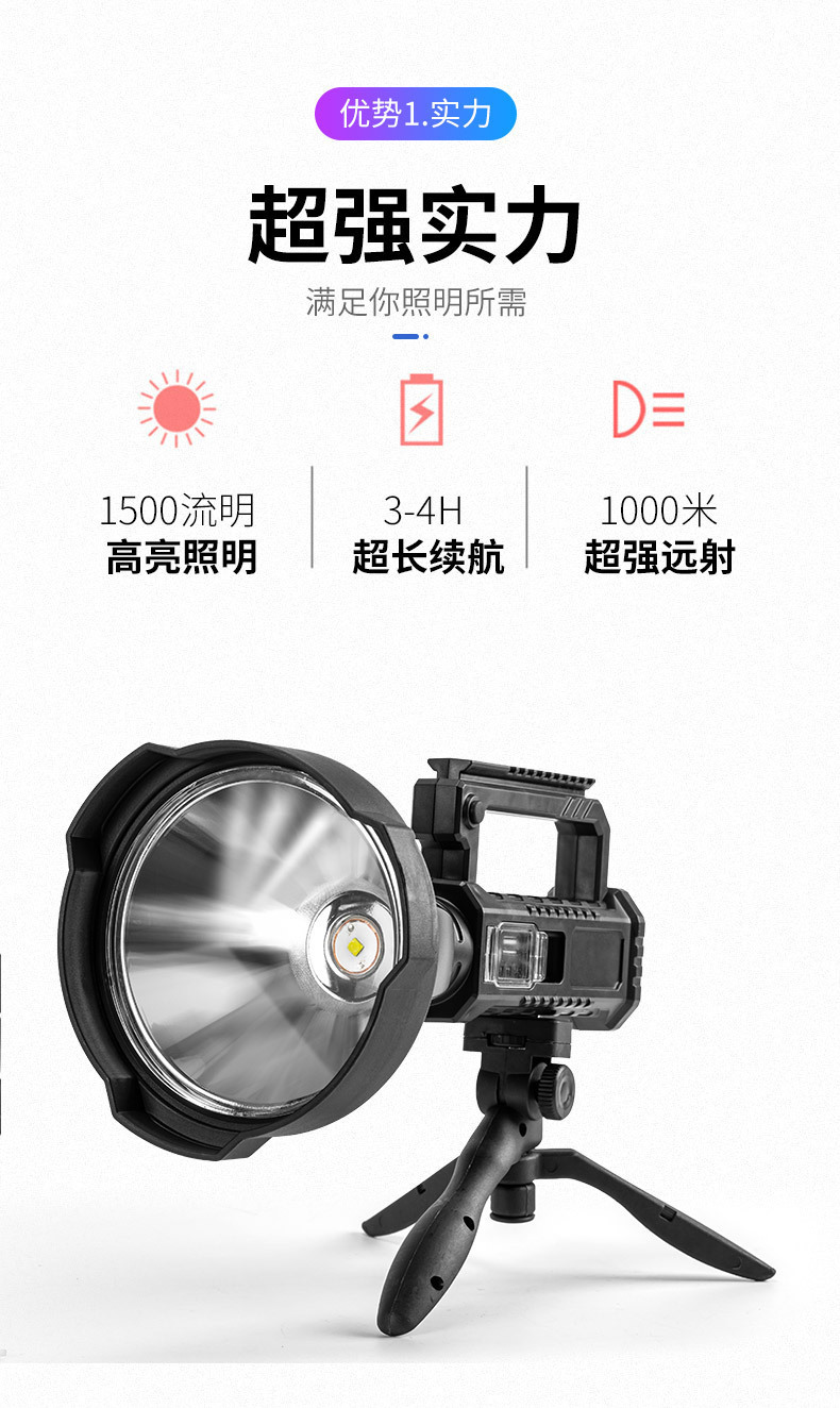 跨境新款XHP50手提探照灯USB充电户外远射带输出多功能应急手提灯详情3