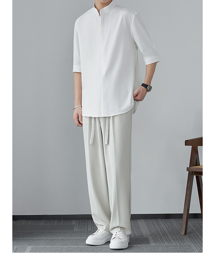 新中式立领中袖衬衫男夏季新款小众冰丝衬衣高级感垂感五分袖寸衫详情5