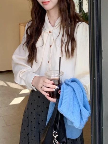 A French retro white bow tie top for women in autumn and winter, paired with a puffed-sleeve corduroy shirt and a stylish inner shirt pic 7