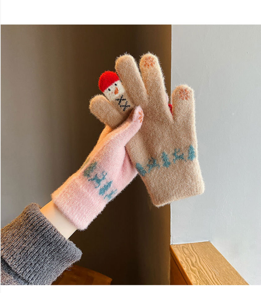 毛线手套女冬季可爱雪人针织可触屏加厚保暖骑行车五指冬天防寒棉详情6