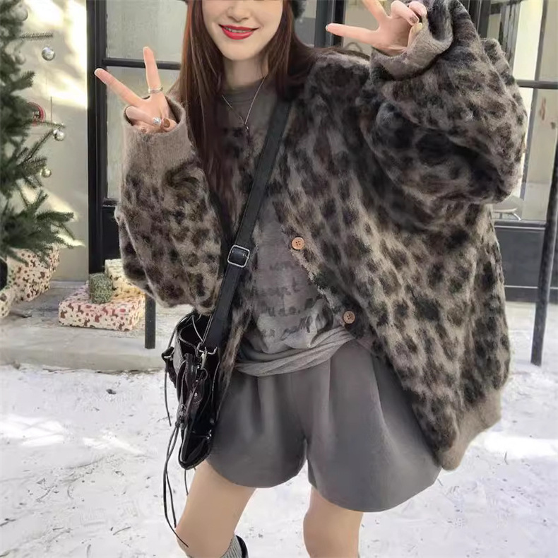 美式复古风宽松豹纹提花毛衣外套女2024秋冬加厚时尚休闲针织开衫详情4