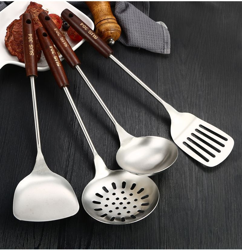 304 stainless steel spatula for household kitchen, thickened iron frying spatula, strainer, wooden handle, anti-scald kitchenware set pic 16