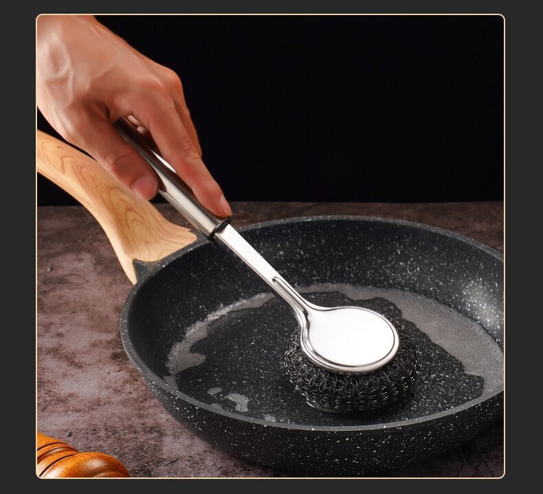 Stainless steel pot brush, kitchen-specific pot washing steel wool ball brush, long-handled dish cleaning brush, easy to clean POTS without shedding threads pic 10