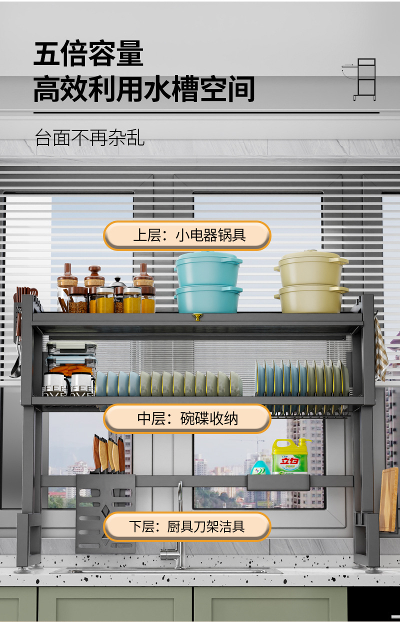 厨房水槽台面上方置物架带柜门防尘放碗盘多功能水池沥水橱柜专用详情5