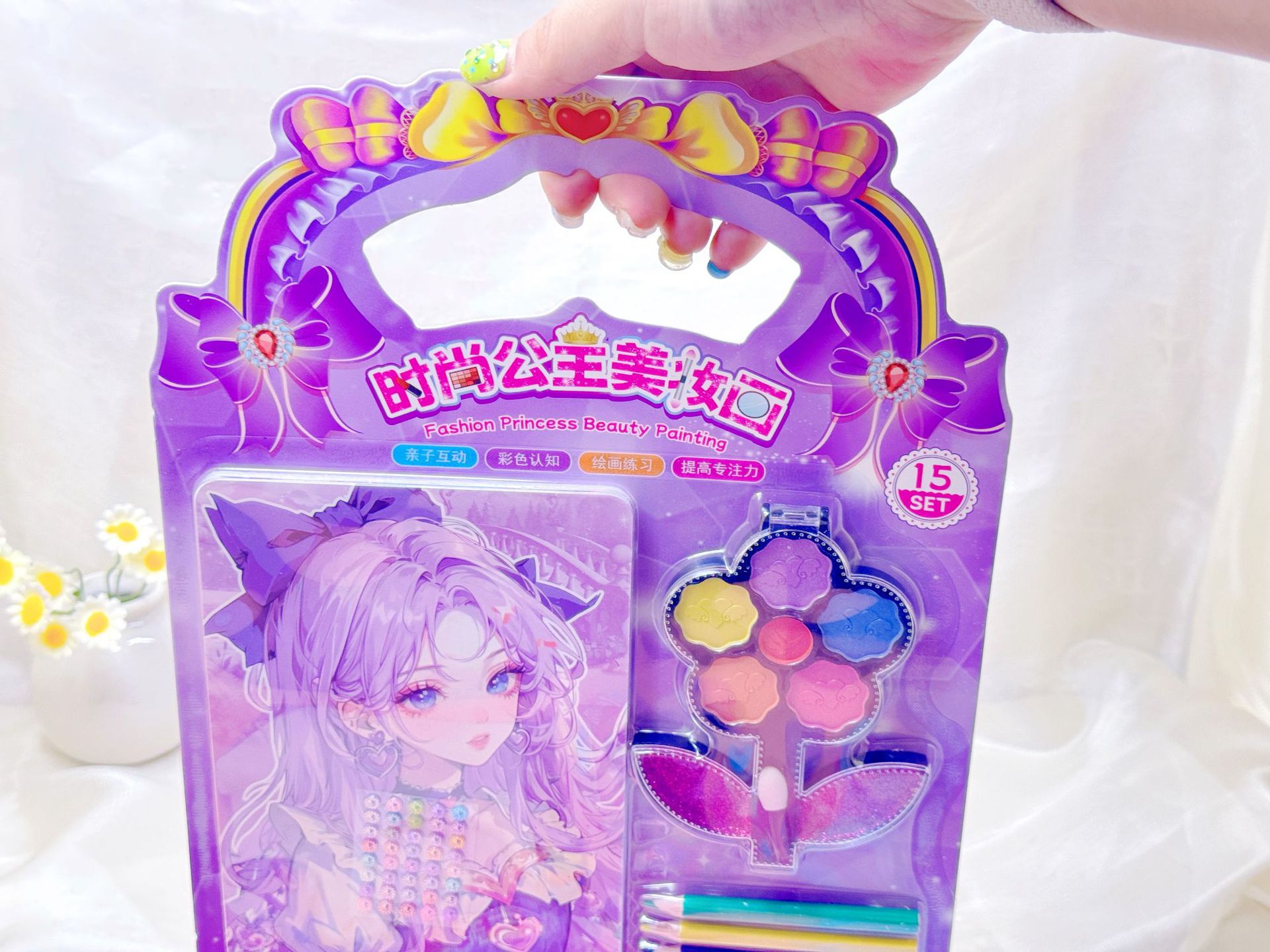 批发儿童彩妆贴画DIY填色涂鸦化妆贴画彩画彩铅钻贴6只笔一卡4张详情6