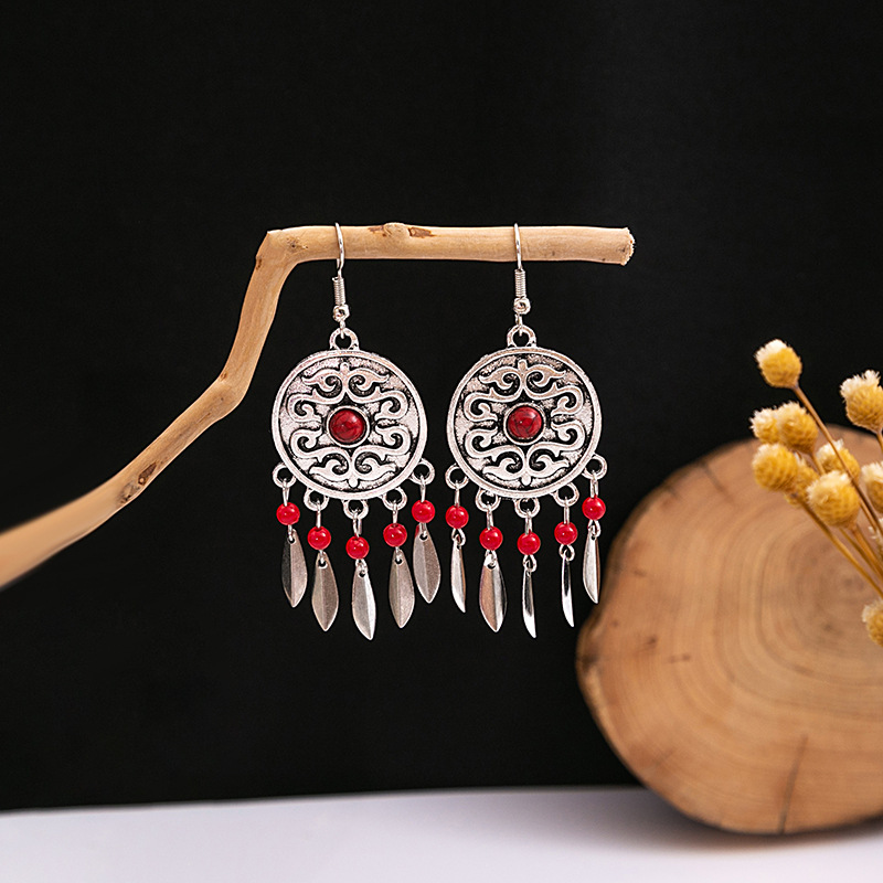 欧美波西米亚蓝松石民族风耳钉 仿苗银金属耳坠复古流苏耳饰批发详情37