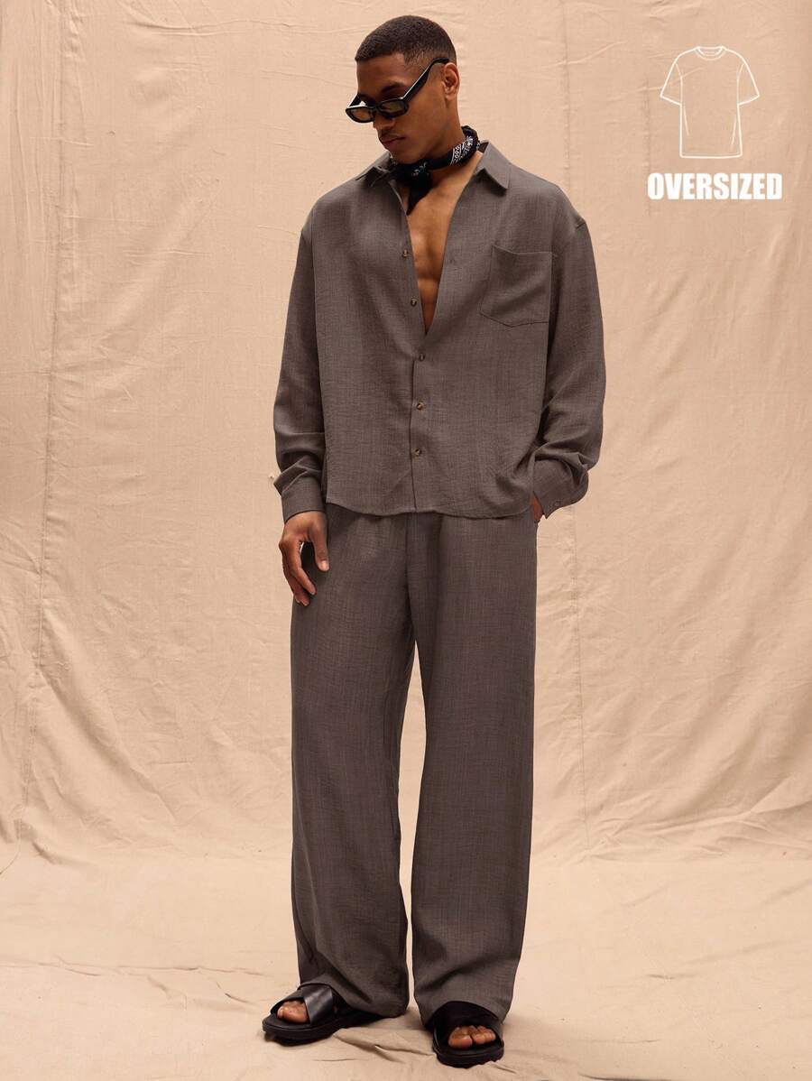 Y 13555 Linen Long Sleeve Shirt Set Linen Lapel long sleeve shirt set pic 1